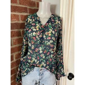 Floral Sheer Blouse Mossimo Small Navy Boho Lightweight Long Sleeve Top